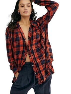 We the Free Lela Navy Red and Metallic Distressed Plaid Tunic | XSmall